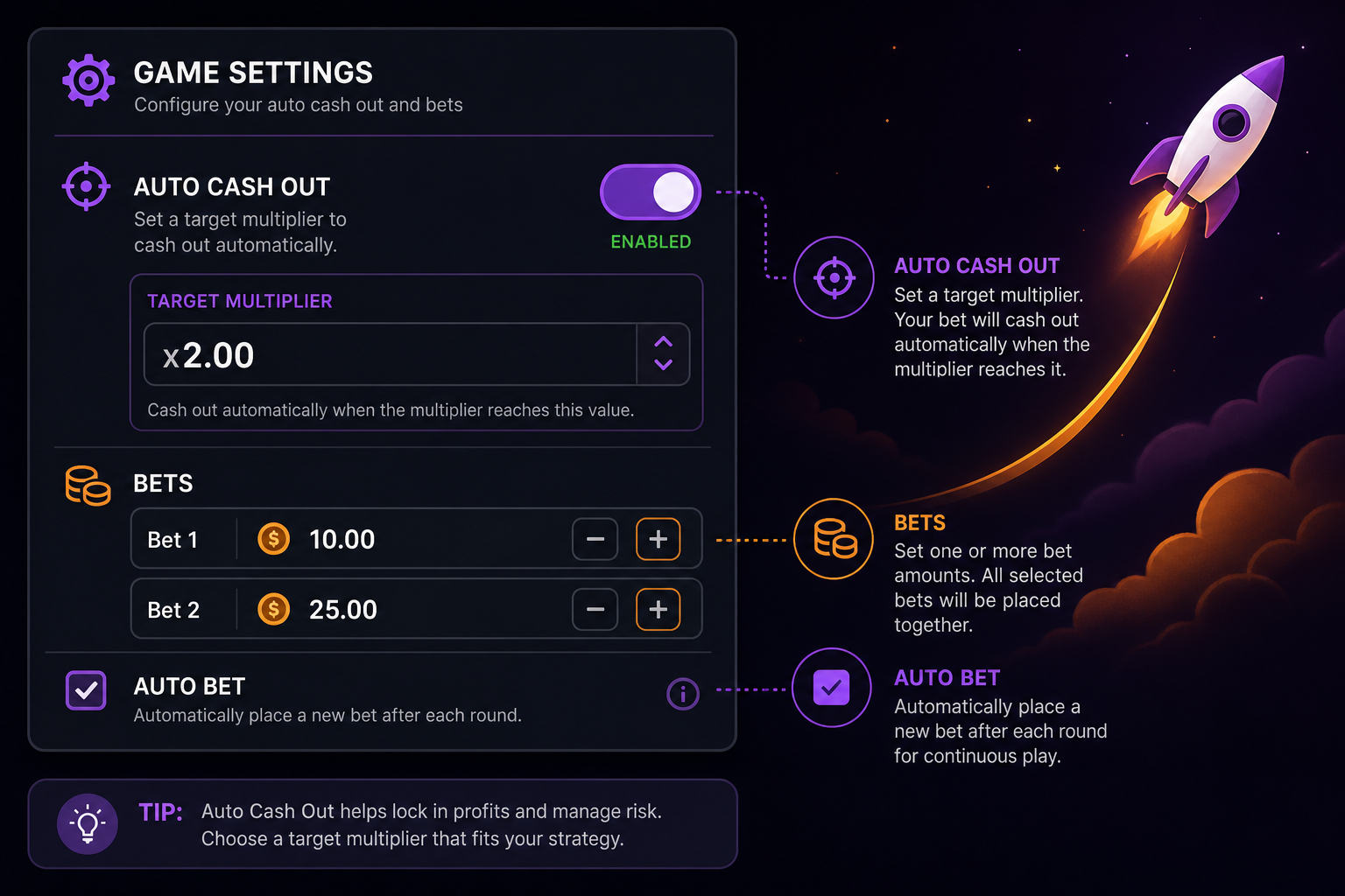 Lucky Jet: авто-вывод на x2.00 и настройки автоставки