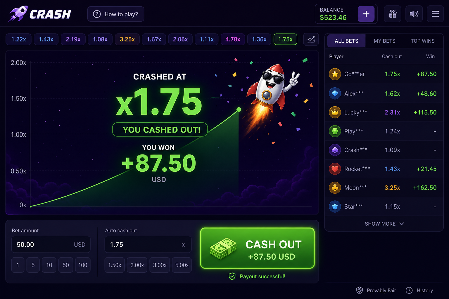 Lucky Jet: успешный cash out на множителе x1.75, зачисление выигрыша