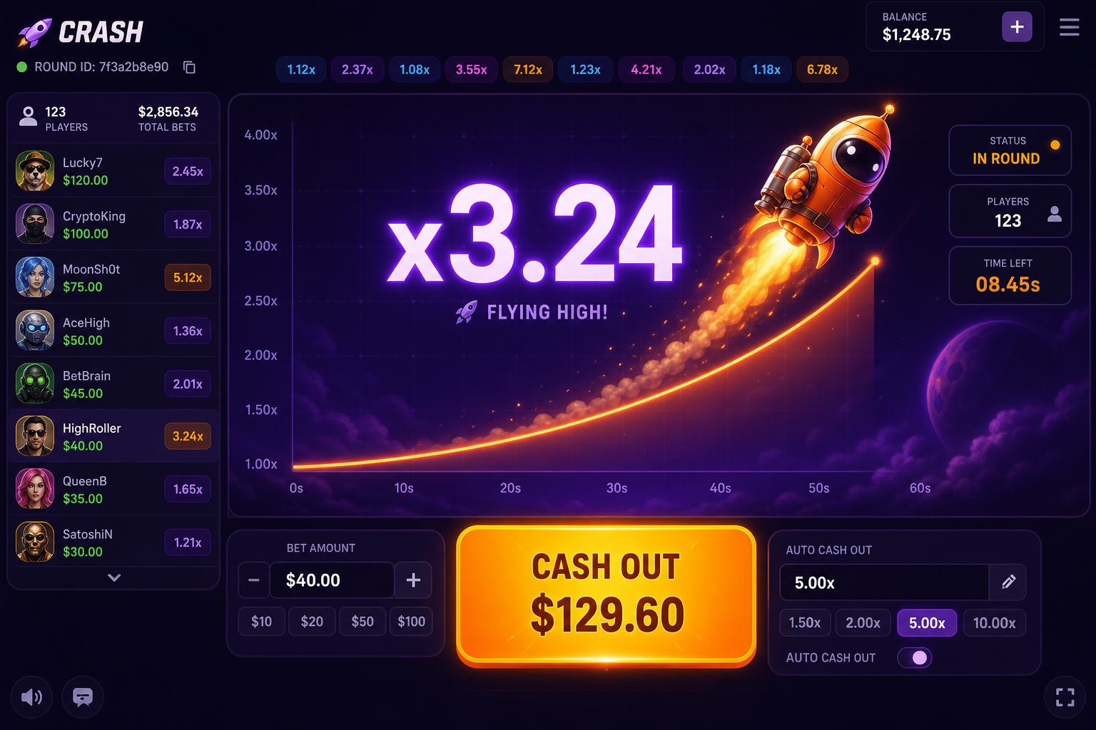 Lucky Jet: растущий множитель x3.24, персонаж в полёте, кнопка Cash Out