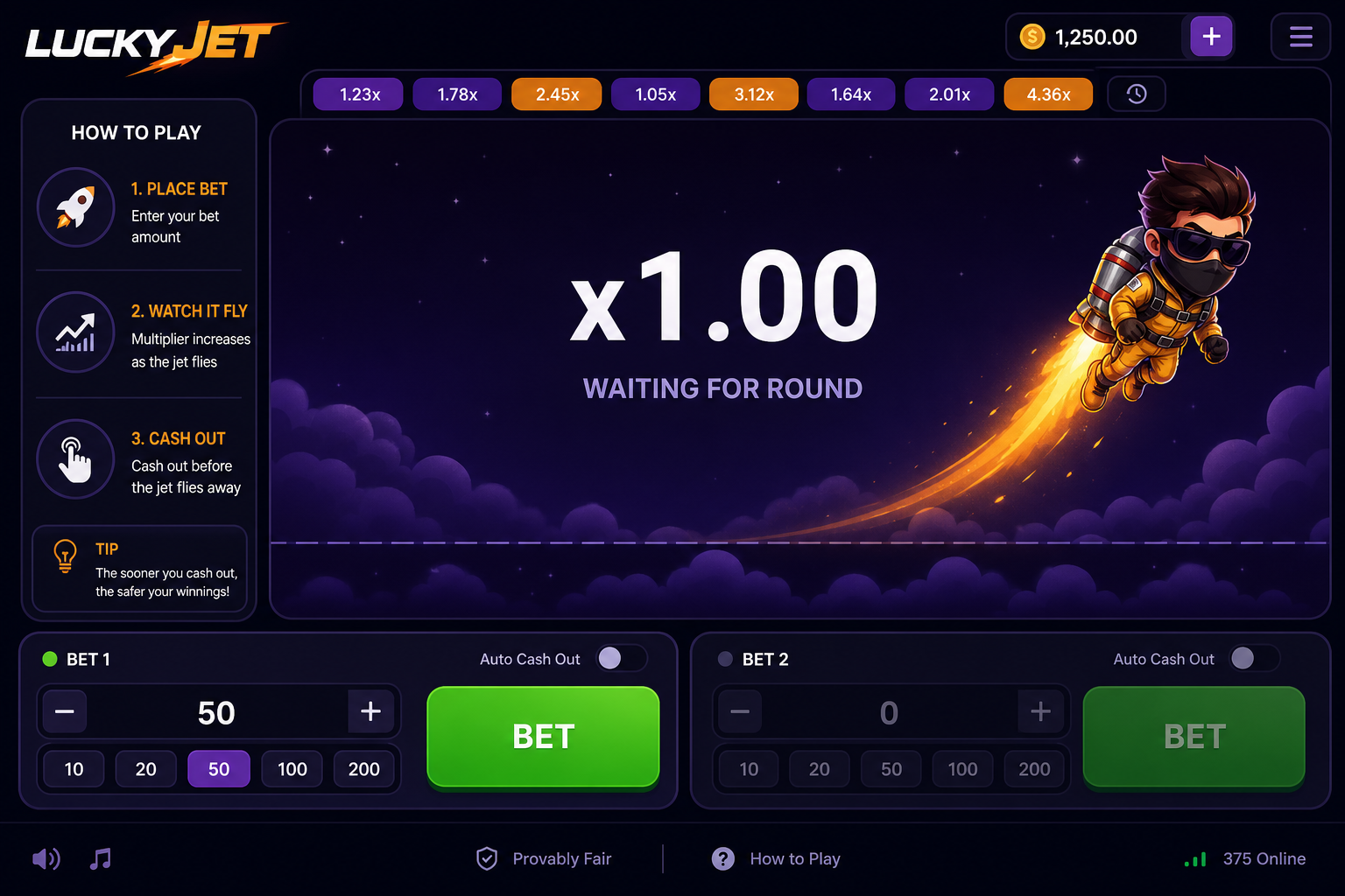 Lucky Jet: панель ставки перед раундом, кнопка Bet и множитель x1.00